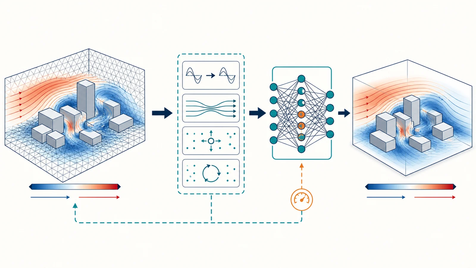Concept illustration of CFD, physics constraints, neural networks, and accelerated flow prediction